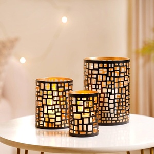 Portavelas votivas modernos de metal negro mate y dorado con patrones geométricos cortados con láser, juego de 3 para un ambiente acogedor en el hogar. - Product Image 1