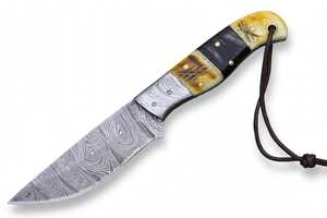Cuchillo hecho a mano con hoja de acero de Damasco y mango de hueso de camello, tipo Drop Point, para uso general. - Product Image 4