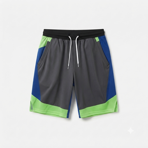 Shorts de sport pour homme à blocs de couleur, séchage rapide, avec cordon de serrage, longueur Bermuda, avec poches, gris, bleu, vert, en polyester tricoté - Product Image 1