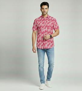 เสื้อเชิ้ตผู้ชายสไตล์ลำลอง แขนสั้น ผ้าฝ้าย 100% ลายทาง พิมพ์ลาย ระบายอากาศได้ดี เป็นมิตรกับสิ่งแวดล้อม ผลิตด้วยเทคนิคบาติก งานแฮนด์เมดจากดีไซเนอร์ชาวอินเดีย - Product Image 5