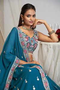 Teal Blue Embroidered <b>Lehenga</b> Choli Net Wedding Dress Set Fox Georgette Festival Outfit With Dupatta - Product Image 2