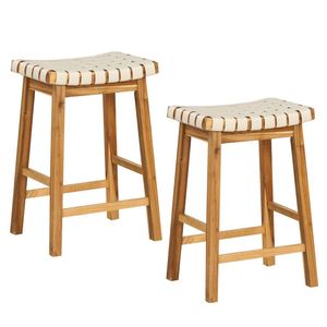 Juego de 2 Taburetes de Bar de Cuero Sintético PU con Asiento Curvo Tejido, Acabado Natural, Estructura de Metal Cromado para Cocina, Hogar, Bar, Taller - Product Image 1