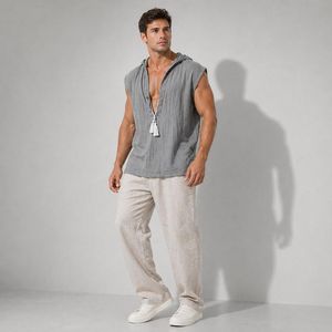 Haut unisexe sans manches à capuche en polyester/coton, couleur unie, boutonné devant, coupe classique, décontracté, pour l'été, séchage rapide, respirant - Product Image 4
