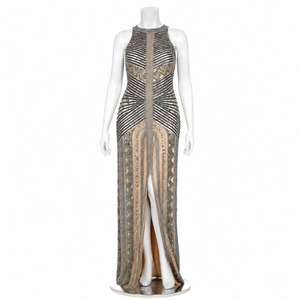 Luxury Hand Embellished Geometric <b>Sequin</b> Evening Gown for Women High Neck Sleeveless Party Dress Elegant Front Slit Designer - Product Image 1
