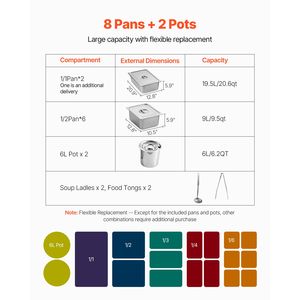 "Professional 1800W Commercial <b>Electric</b> Food Warmer with 7 <b>Pans</b> + 2 Pots Steam Table Manual Temperature Control" - Product Image 3