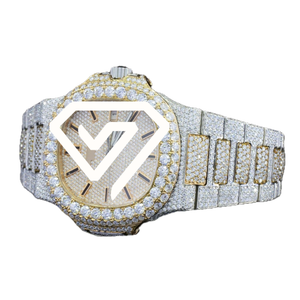Montre chronographe 41 mm style moissanite, or rose bicolore, entièrement pavée de diamants, montre de luxe pour homme. - Product Image 2
