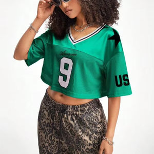 Maillot de football court en mesh vert numéro 9 pour femme, streetwear, fabrication OEM, marque privée, vente en gros - Product Image 1