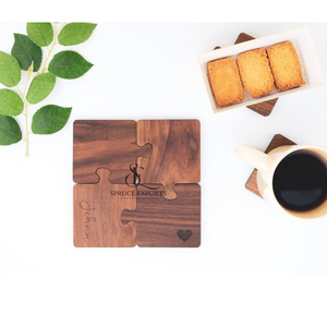 Puzzle Theme Wooden <b>Coaster</b> <b>Set</b>. Interlocking Walnut Wood Personalized Engraved Design Drink Mats For Creative Table Decor - Product Image 2
