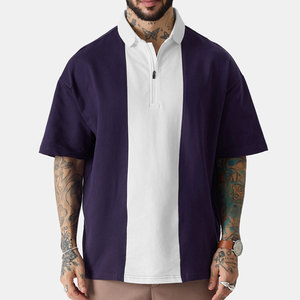 Men's Dark Purple And White Color Blocked Cotton <b>Polo</b> Shirt Short Sleeve Casual Top Adult Oversize Style <b>Polo</b> Shirt - Product Image 1