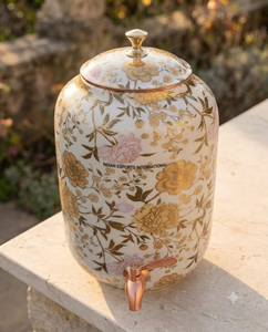 Distributeur d'eau en cuivre pur gravé floral, distributeur d'eau en cuivre pur émaillé floral, exportations indiennes internationales - Product Image 3