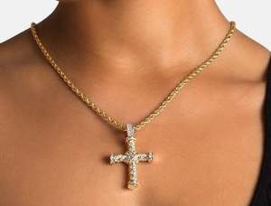Gold Plated Cross Pendant Necklace with Moissanite Round Brilliant Cut Bezel Setting <b>Rope</b> <b>Chain</b> Unisex Religious Everyday Wear - Product Image 1