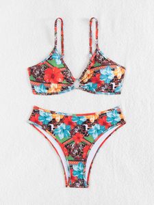 Conjunto de Bikini de 2 Piezas para Mujer, Top con Tirantes Anchos, Diseño Sexy, Estampado Floral, Cuello en V, Espalda con Lazos, Braguita de Talle Bajo - Product Image 4