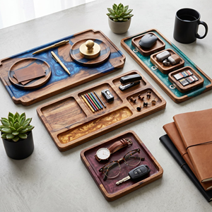 Collection de plateaux de service multifonctionnels décoratifs en bois et résine de luxe, style rivière, faits à la main, avec sous-verres - Product Image 2