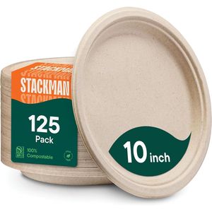 Piatti Monouso 100% Compostabili ed Ecologici, Resistenti, 10 Pollici, Biodegradabili in Bagassa (Senza PFAS), Confezione da 125 - Product Image 1