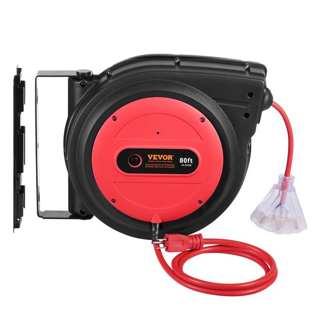 Retractable Extension Cord Reel 80 Ft 12AWG 3C SJTOW 2 Outlets For Home Appliance Use