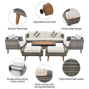 6-Piece All-Weather PE Wicker Outdoor <b>Rattan</b> <b>Sofa</b> Set with Double Cushions and Wood Legs Wood Table for Gardens - Product Image 2