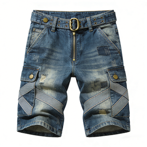 Shorts Cargo de Mezclilla Desgastados de Cintura Media para Hombre, con Cierre de Cremallera y Múltiples Bolsillos, Estilo Casual para Vacaciones de Primavera - Product Image 1