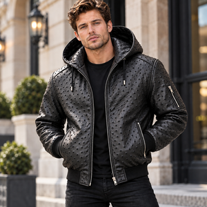 <b>Men</b>’s Embossed Black Ostrich <b>Leather</b> Hooded <b>Bomber</b> Jacket /<b>Leather</b> Puffer Style with Textured Finish for <b>Men</b> - Product Image 4