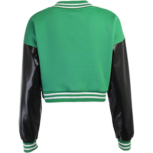 Green Varsity <b>Jacket</b> Women <b>Short</b> Length Full <b>Sleeve</b> Button Up Crew Neck Solid Color Autumn Casual Outerwear - Product Image 5