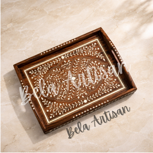 Handcrafted Acacia Wood Serving Tray Bone Inlay Floral Design Mid Century Modern Decorative <b>Coffee</b> <b>Table</b> Top Handles for Ramadan - Product Image 3