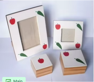 Ensemble de décoration artisanal en os incrusté de motifs pomme et feuille, cadre photo de luxe en résine blanche et boîte à bijoux pour enfants - Product Image 6