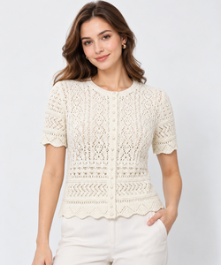 Blusa de punto de ganchillo holgada para mujer, manga corta, con botones frontales, cuello redondo, diseño hueco, top tipo jersey, longitud regular, ropa casual de verano - Product Image 1