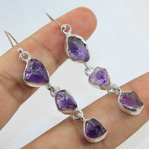 Natural Raw Amethyst Gemstone <b>Dangle</b> <b>Earrings</b> 925 Sterling <b>Silver</b> Handmade Triple Stone Drop <b>Earrings</b> for Women - Product Image 2