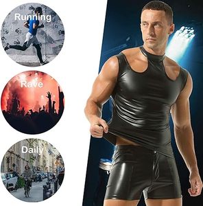 Chaleco de cuero sintético para hombre, camiseta sin mangas brillante informal, estilo motociclista moderno, cuello redondo con botones - Product Image 5