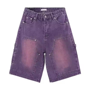 Shorts en jean vintage pour hommes, coupe droite, style streetwear d'été, personnalisés, baggy, effet usé, en denim de coton délavé foncé - Product Image 1