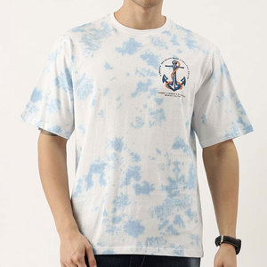 T-shirt à manches courtes pour homme, bleu tie-dye, avec imprimé ancre, col rond, coupe classique, style décontracté, tissu tricoté 100% coton - Product Image 1