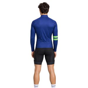 Maillot de cyclisme bleu à manches longues pour homme avec bande verte, fermeture éclair intégrale, haut de performance pour le vélo - Product Image 3