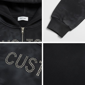 OEM Custom Winter Casual Heavyweight Patch Rhinestone Embroidery Acid Wash Set Flared Sweatpants <b>Zip</b>-<b>Up</b> Hoodie Unisex Tracksuit - Product Image 5