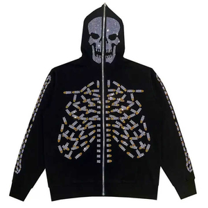 Sweat à capuche noir pour homme avec strass et motif crâne, coupe oversize, fermeture éclair intégrale, design gothique, motif squelette sur toute la surface, coupe classique, idéal pour l'automne - Product Image 1