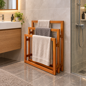 Porte-serviettes en bois massif sur pied, support de serviettes de bain à 3 niveaux avec barres - Product Image 1