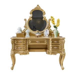 European Style <b>Solid</b> Mahogany Gold Makeup <b>Dressing</b> <b>Table</b> with Storage 5-Drawer Features Hand-Carved Vintage Bedroom Furniture - Product Image 6