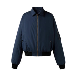 Men's Navy Blue Bomber Jacket Zipper Closure <b>Turn</b>-down Collar Casual Polyester Material Regular Fit Autumn Wear - Product Image 1
