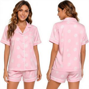 Women's Geometric Print Short Sleeve Pajama <b>Set</b> With Turn-down Collar And Button Closure Summer Sleepwear - Product Image 3