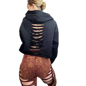 Sweat-shirt asymétrique noir à capuche pour femme avec découpes latérales, manches classiques, couleur unie, tricoté, respirant, pour l'automne - Product Image 4