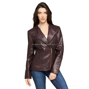 Veste en cuir marron de haute qualité pour femmes, coupe ajustée, fermeture éclair dorée, doublure souple, vêtements d'extérieur de style moto OEM - Product Image 2