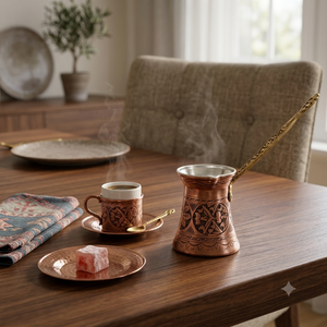 Cezve turque en cuivre à finition antique, gravée avec un médaillon ottoman, pour cuisinière, style grec Briki, avec longue poignée métallique décorative - Product Image 3