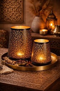 Set of 2 <b>Moroccan</b> Tea <b>Light</b> Candle Holders Cut Work Black & Gold Christmas Decorative Tea <b>Light</b> Holders - Product Image 4