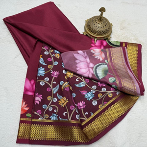 ชุดส่าหรีสีแดงเลือดหมูสำหรับงานเทศกาลอินเดีย พร้อมลายพิมพ์แบบดั้งเดิมและขอบสีทอง - Product Image 3