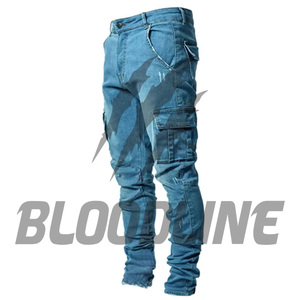 Jean Cargo Slim Fit en Denim pour Homme BLOODLINE, Taille Mi-Haute, Coton Délavé, Style Décontracté Printemps, Poches Imprimées - Product Image 4