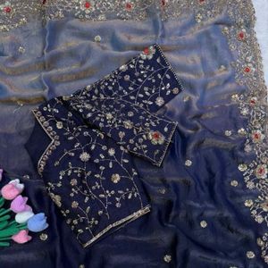 Sari en satin Fendy, sari dégradé, sari de créateur, sari brodé de sequins, sari brodé de diamants, sari de soirée, sari de mariage, sari festif - Product Image 4