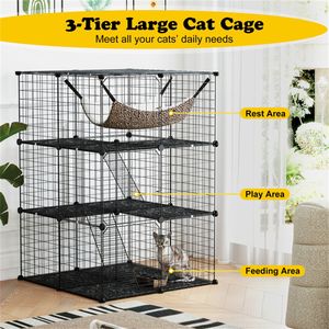 Jaula para Gatos Negra de 3 Niveles de 74x74x107.5cm con Hamaca y Escaleras, Ensamblaje DIY para 1-3 Mascotas Pequeñas, PP+Metal - Product Image 4
