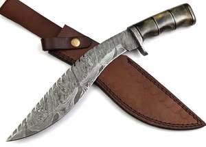 Cuchillo utilitario de hoja fija de acero de Damasco con patrón de plumas hecho a mano, punta caída, funda de cuero, herramienta DIY OEM - Product Image 1