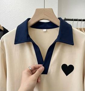 Women's Polo Neck <b>Crop</b> <b>Top</b> Short Sleeve Embroidered Heart Preppy Style Slim Fit Spring Summer Knitted T-Shirt - Product Image 2