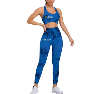 HUSKY Women's Ribbed Sports <b>Bra</b> Leggings Set <b>Blue</b> Seamless Fitness Wear Breathable Racerback Scoop Neck High Support - Product Image 1