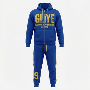 Blue Men's Hooded <b>Tracksuit</b> Full Zip Front Print Casual Sportswear With Side Pockets Regular Fit Autumn Wear - Product Image 1