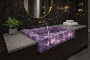 Lavabo de Baño de Lujo con Piedra Amatista Morada y Grifo Dorado, Lavabo Rectangular Moderno para Encimera - Product Image 2